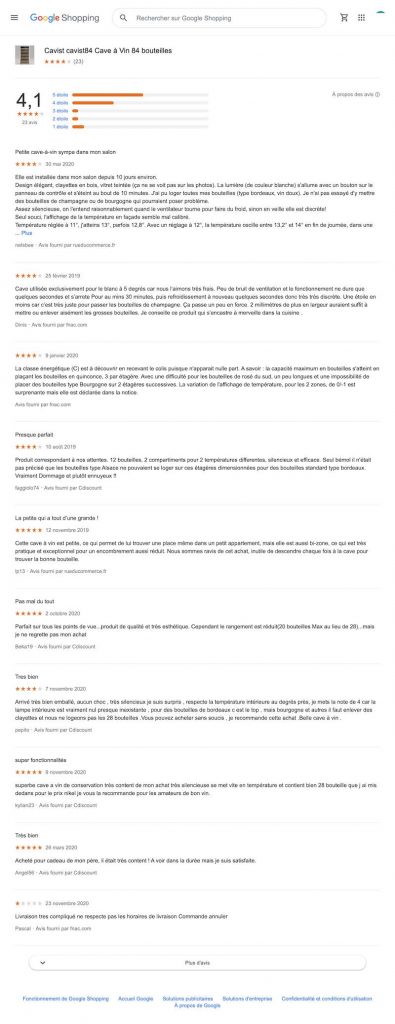 capture écran avis client cavist cave à vin