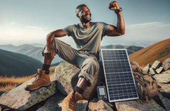 Les meilleurs panneaux solaires portables. Cet homme a gravi la montagne et il est fier. En se reposant il recharge son téléphone portable avec un panneau solaire portatif