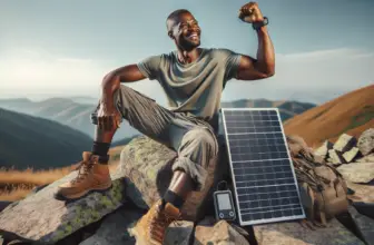 Les meilleurs panneaux solaires portables. Cet homme a gravi la montagne et il est fier. En se reposant il recharge son téléphone portable avec un panneau solaire portatif