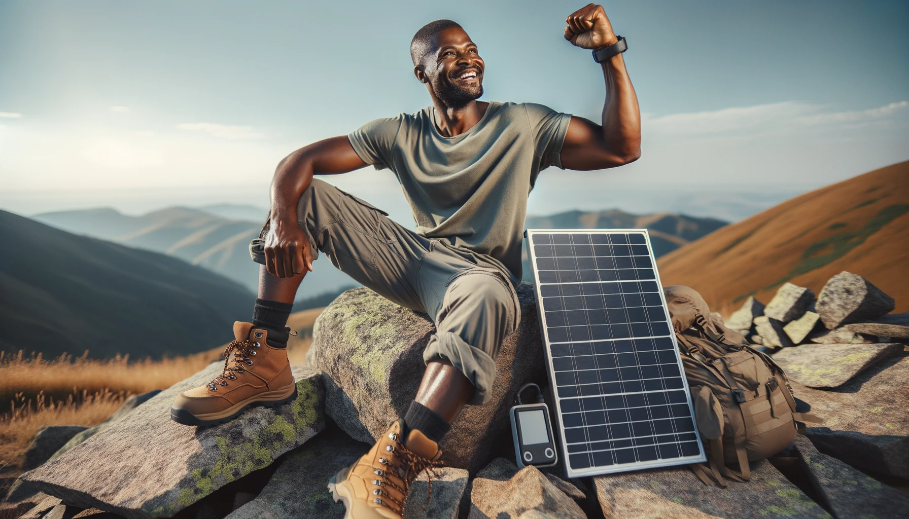 Les meilleurs panneaux solaires portables. Cet homme a gravi la montagne et il est fier. En se reposant il recharge son téléphone portable avec un panneau solaire portatif