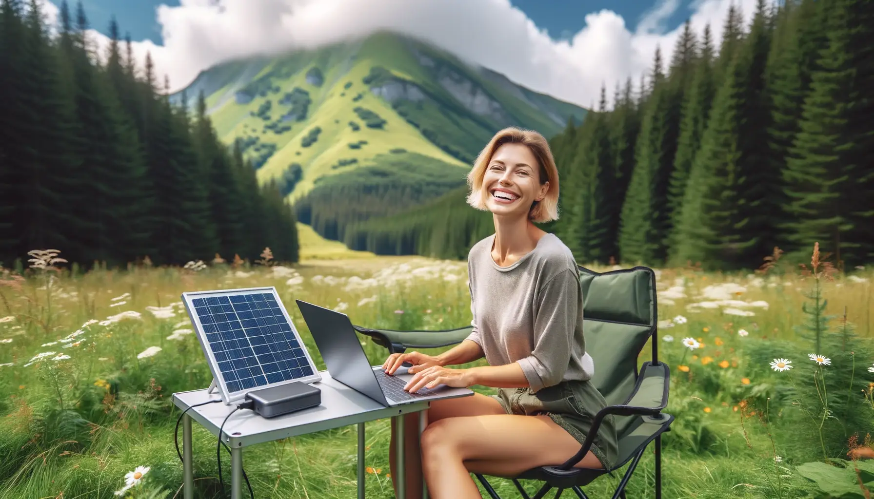 panneaux solaires portables, après avoir monté sa tente, la jeune femme se pose sur la table et recharge son ordinateur portable avec son panneau solaires portatif